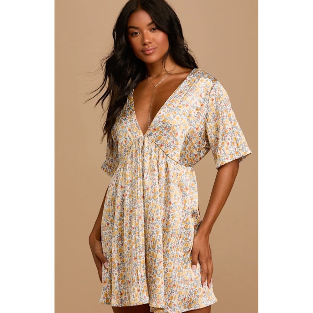 Lulus Floral Mini Dress V Neck Short Sleeve Tie Back Yellow White